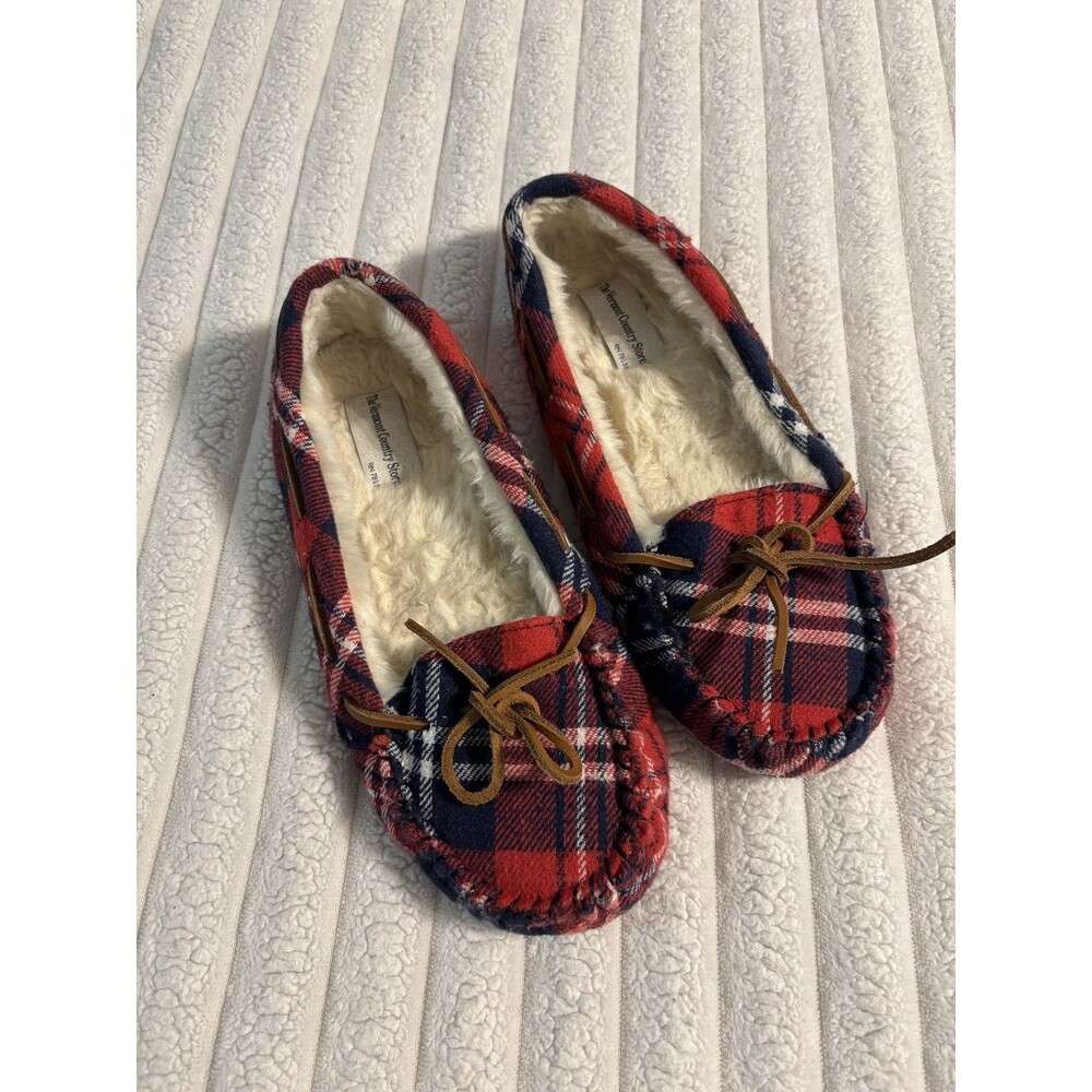 Vermont Country Store Plaid Faux Fur Lined Moccasin Slippers Women’s 9 red Blue